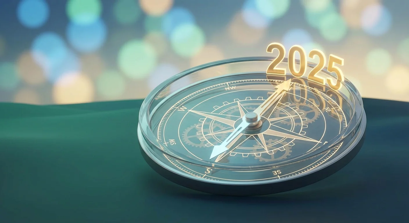 A stylized 3D compass pointing toward the year 2025 on a minimalist background.