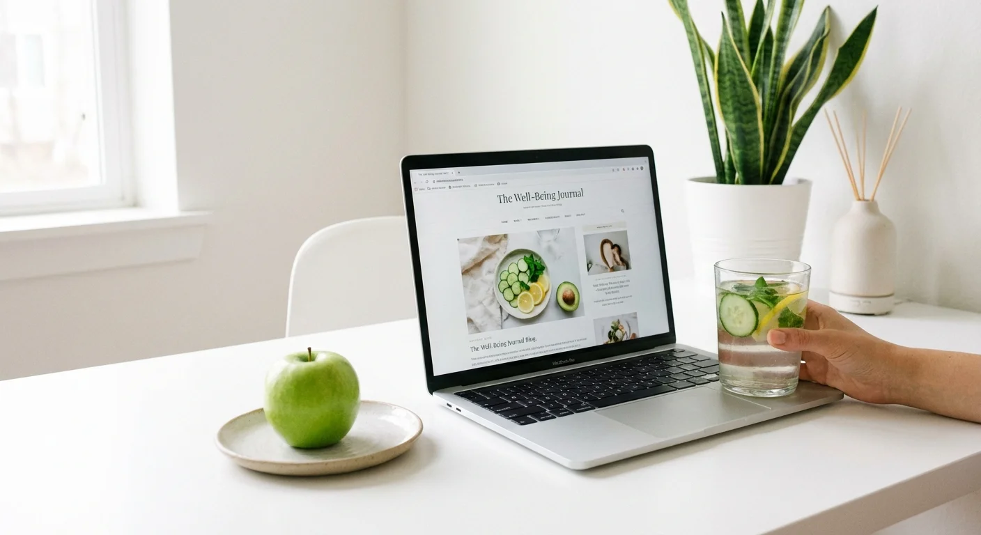 A healthy snack and water next to a laptop on a bright, clean desk.