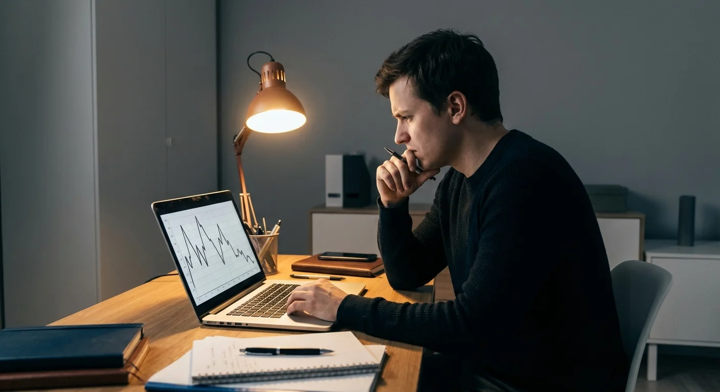 A person looking concerned while reviewing a rigid financial chart on a laptop, symbolizing the limitations of the 4% rule.
