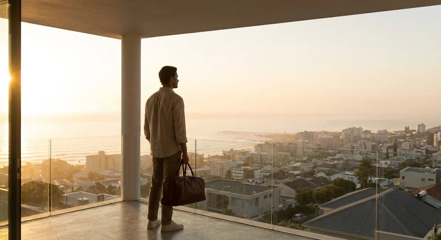 A person with a suitcase looking out over a city at sunrise from a balcony.