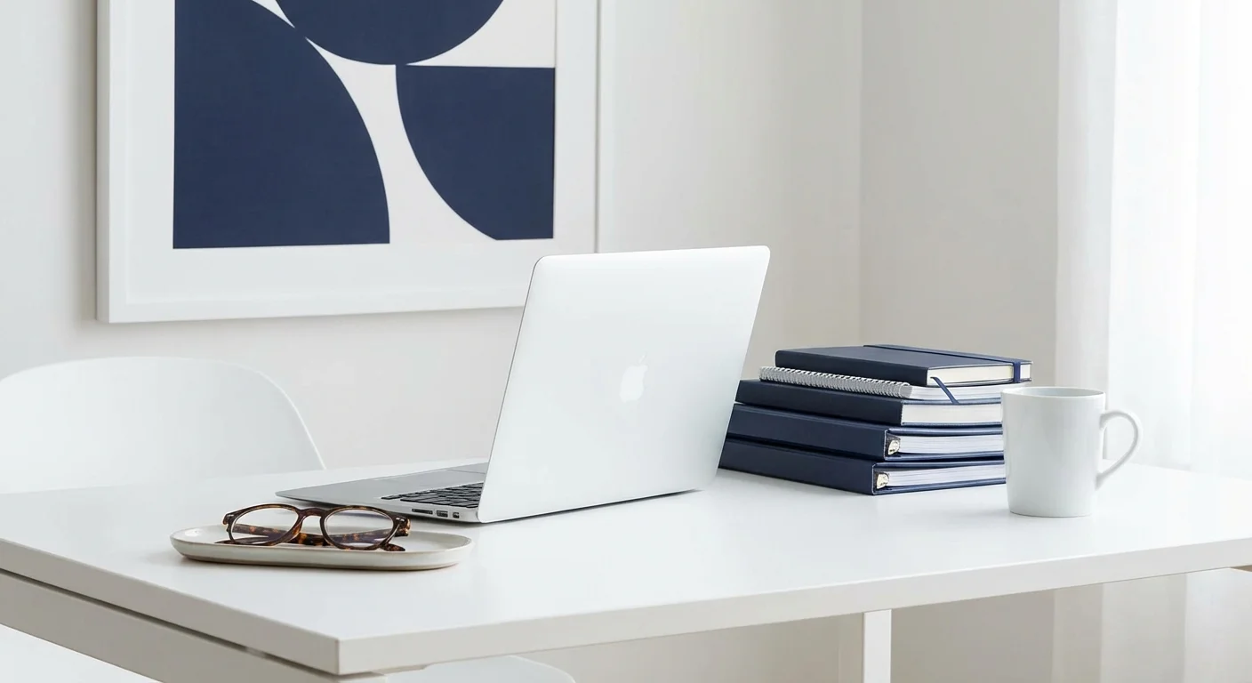 An organized desk with a laptop and folders, symbolizing tax preparation.