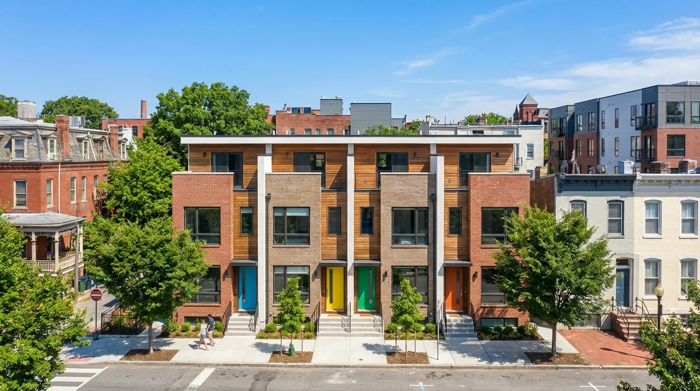 An architectural view of a clean, modern fourplex building with four separate entrances.