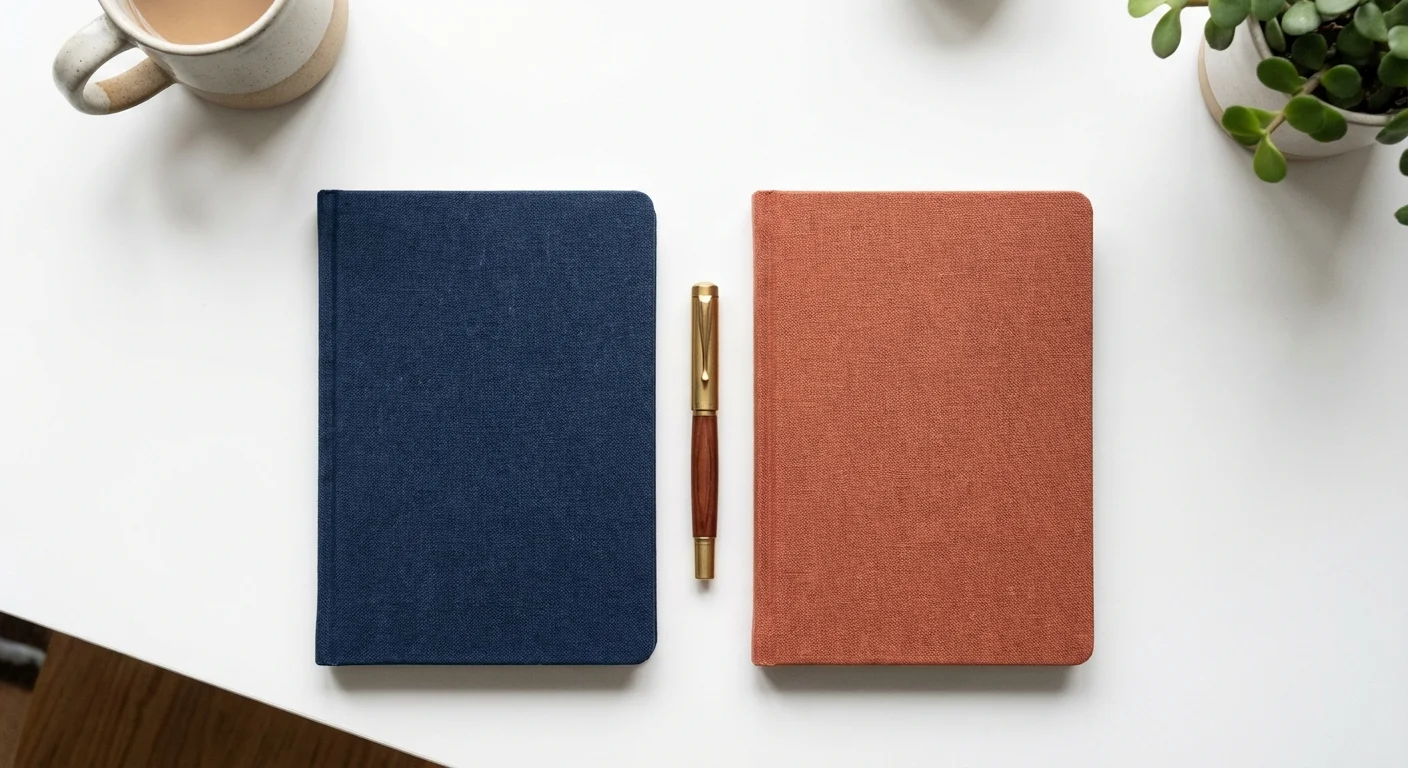 A top-down view of two notebooks and a pen on a clean white desk.