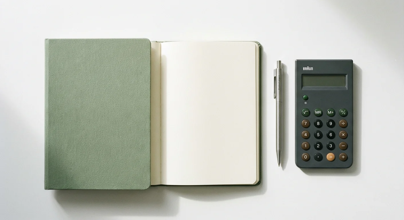 Top-down view of an organized desk with a notebook, pen, and calculator.