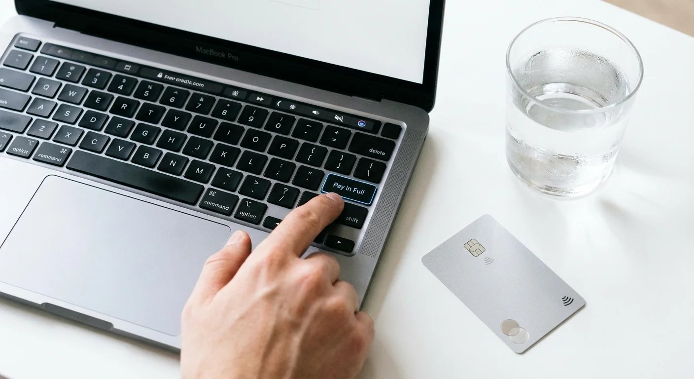 A hand clicking a payment button on a laptop for administrative insurance savings.