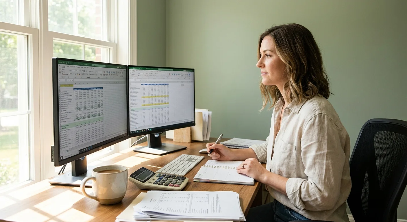 A woman reviewing financial data on dual monitors in a bright home office.