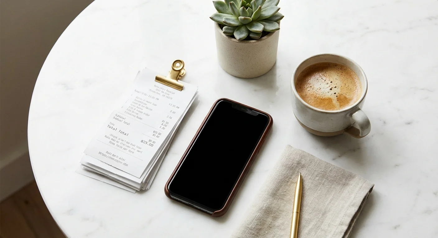 Neatly organized receipts next to a smartphone on a marble table.