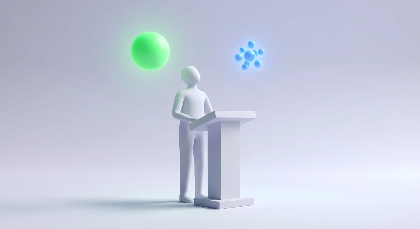 A stylized 3D figure choosing between two different types of abstract assets.